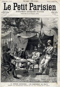 معسكر إرسالية مارشان: جان بابتيست (جان بابتيست) مارشان (1863-1934) ، الكابتن باراتيير على يساره والملازم فيكتور إيمانويل لارجو (1867-1916) والكابتن جيرمان على يمينه. في "" Le Peute Parisien "في 26/12/1897. مجموعة خاصة بواسطة مجهول مجهول