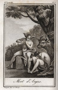عطارد وأرجوس (عطارد وأرجوس). موت أرغوس: عزف عطارد على الفلوت ليغفو أرجوس ويحل الحورية آيو ، وتحولت إلى بقرة. نقش من عام 1819 في "Lettres a Emilie sur la mythologie" لتشارلز ألبرت ديموستييه (1760-1801). بواسطة مجهول مجهول