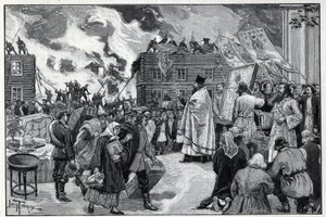 موسكو ، حريق في ضاحية كالوغا: رجال الدين الأرثوذكس يقدمون الصور المقدسة (الصور المقدسة) في محاولة لحماية المدينة ورجال الإطفاء يكافحون الحريق. نقش في "Le monde illustree" عام 1892. مجموعة خاصة. بواسطة مجهول مجهول