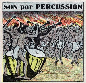 آلات موسيقية: عازفو إيقاع في قرية أفريقية. رسم توضيحي مجهول من عام 1925. مجموعة خاصة. بواسطة مجهول مجهول