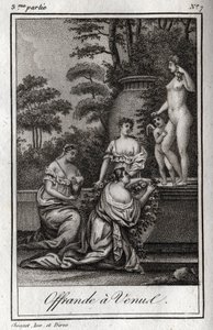 عرض على فينوس. يجتمع المحبون الصغار (Angelots) للإشادة بالإلهة أفروديت. نقش من عام 1819 في "Lettres a Emilie sur la mythologie" لتشارلز ألبرت ديموستييه (1760-1801). مجموعة خاصة. بواسطة مجهول مجهول