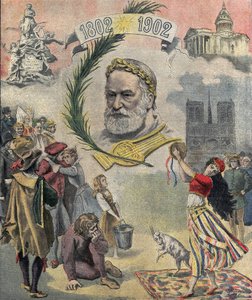 إحدى "مجلة Le Petit Journal" التي تكرم الشاعر والكاتب الفرنسي فيكتور هوغو (1802-1885) في الذكرى المئوية لميلاده. يتم تمثيل شخصيات رواياته (إزميرالدا ، كواسيمودو ، كوزيت). 02/03/1902 مجموعة خاصة بواسطة مجهول مجهول