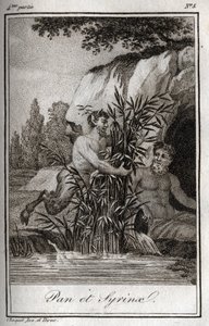 تحولت عموم والحورية Syrinx إلى القصب (Pan and Nymph Syrinx). نقش من عام 1819 في "Lettres a Emilie sur la mythologie" لتشارلز ألبرت ديموستييه (1760-1801). مجموعة خاصة. بواسطة مجهول مجهول