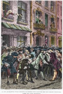 دائرة باريس الرابعة - La rue Quincampoix en 1720 a l'epoque du système de John Law (1671 - 1729) - "" L'agiotage a la rue Quincampoix "(سبب الإفلاس بموجب القانون) - منظر شارع Quincampoix مع المضاربين في زمن نظام جون لو ، بواسطة مجهول مجهول