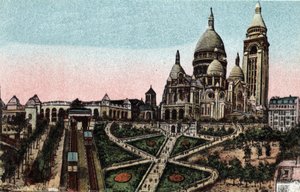 باريس: القطار الجبلي المائل وكنيسة القلب المقدس (Sacre-Coeur) في بوت مونمارتر. صورة عام 1920 في "" ألبوم فني "لمدينة باريس. مجموعة خاصة. بواسطة مجهول مجهول