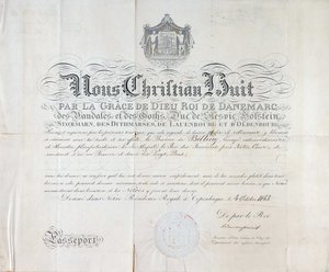يعود جواز سفر ملك الدنمارك كريستيان الثامن إلى عام 1845. بواسطة مجهول مجهول