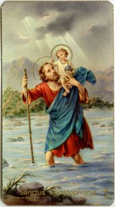 Pious image: St Christophorus crossing the Jordan with young Jesus on his back (chromolithography) بواسطة مجهول مجهول