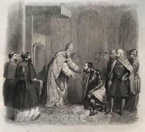 البابا القديس بيوس الخامس (بيوس أو بيو) (1566-1572) يستقبل الفائز في معركة ليبانت. نقش من عام 1846 في "" حياة القديسين ". مجموعة خاصة. بواسطة مجهول مجهول