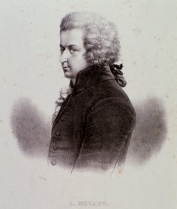 صورة للملحن النمساوي فولفجانج أماديوس موزارت (1756-1791) نقش. القرن ال 19. مجموعة خاصة Milanese بواسطة مجهول مجهول