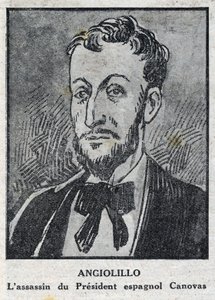 صورة ميشيل أنجيوليلو لومباردي ديت خوسيه سانتس أو رينالديني ، فوضوي إيطالي (1871-1897) قاتل رئيس المجلس الإسباني ، أنطونيو كانوفاس ديل كاستيلو (1828-1897). نقش في "مجلة L'illustrious du petit Journal" " بواسطة مجهول مجهول