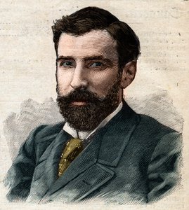 صورة لبيترو باولو سافورجنان دي برازا أو بيير بول فرانسوا كميل سافورجنان دي برازا بالفرنسية (1852-1905) الحاكم العام للكونغو الفرنسية. نقش في "" Le Petro Parisien "" بواسطة مجهول مجهول