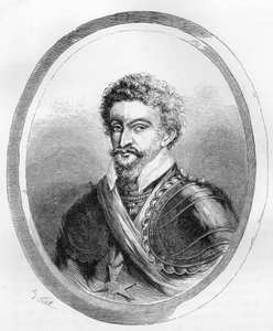 صورة شخصية للمارشال تشارلز دي جونتو ، البارون ، ثم دوق بيرون (1562-1602) - نقش من عام 1863 في "Le Livre Rouge - Histoire De L'echafaud en France" لدوبراي دي لا ماهري. مجموعة خاصة. بواسطة مجهول مجهول