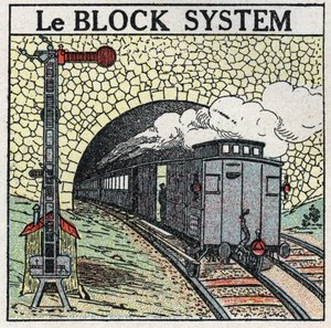 السكك الحديدية: يستخدم نظام الكتل حول المدن الكبرى لتجنب الاصطدامات. رسم توضيحي مجهول من عام 1925. مجموعة خاصة. بواسطة مجهول مجهول