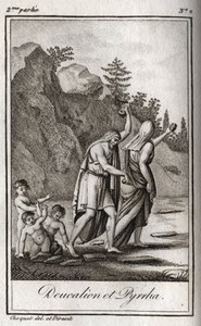Representation of Deucalion and Pyrrha, the only survivors after the deluge caused by Zeus to destroy the human race. Themis after the deluge asks them to walk the head covered by throwing behind them the bones of their mother (the stones of the Earth) (Re بواسطة مجهول مجهول