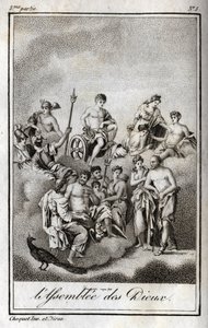 تمثيل جمعية الآلهة على جبل أوليمبوس أو اثني عشر لاعبًا أولمبيًا. نقش من عام 1819 في "Lettres a Emilie sur la mythologie" لتشارلز ألبرت ديموستييه (1760-1801). مجموعة خاصة. بواسطة مجهول مجهول