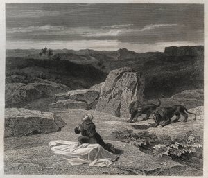 القديس أنتوني آبي (القديس أنطونيوس الكبير (250 / 251-356) (أو القديس أنطوني الناسك) دفن القديس بولس في طيبة في الصحراء ، نقش من عام 1846 في "" حياة القديسين "، مجموعة خاصة. بواسطة مجهول مجهول