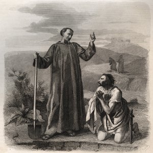 القديس بنديكت نورسيا يرحب بتوتيلا (القرن السادس) ملك القوط الشرقيين. نقش من عام 1846 في "" حياة القديسين ". مجموعة خاصة. بواسطة مجهول مجهول