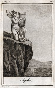 صافو (أو سافو ، القرن السابع قبل الميلاد) ، شاعر يوناني من أنتيكويت. نقش من عام 1819 في "Lettres a Emilie sur la mythologie" لتشارلز ألبرت ديموستييه (1760-1801). مجموعة خاصة. بواسطة مجهول مجهول
