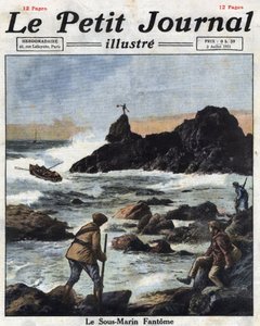 Sinn feiners (sinn-feiners) ، أعضاء من الجيش الجمهوري الأيرلندي (IRA) الفرع السياسي في أيرلندا ، يشرعون في قوارب للاقتراب من الغواصات من الولايات المتحدة ، وتزويد أيرلندا سراً بالأسلحة والذخيرة. رسم إيضاحي مأخوذ من "" Le petit بواسطة مجهول مجهول