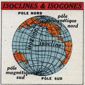 المغناطيسية الأرضية: خريطة مغناطيسية تظهر isoclins و isogones. رسم توضيحي مجهول من عام 1925. مجموعة خاصة. بواسطة مجهول مجهول
