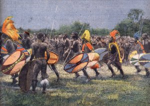 بعثة الرئيس الأمريكي الأسبق ثيودور روزفلت (1858-1919) إلى إفريقيا: رقصة المحارب في أوغندا. نقش. احدى جريدة "Le Petit Parisien" بتاريخ 24/4/1910. مجموعة خاصة. بواسطة مجهول مجهول