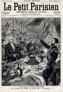التحالف الفرنسي الروسي: نخب القيصر نيكولاس الثاني (1868-1918) تكريما للرئيس الفرنسي فيليكس فور (1841-1899) على متن البوتاو. في "" لو بيتي باريزيان "بتاريخ 1897/5/09. مجموعة خاصة بواسطة مجهول مجهول