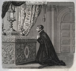 اليسوعي الإيطالي لويس دي غونزاغ (سان لويجي غونزاغا) (1568-1591) في الصلاة. نقش من عام 1846 في "" حياة القديسين ". مجموعة خاصة. بواسطة مجهول مجهول