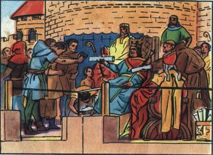 منح ملك فرنسا لويس السادس الكبير (1081-1137) الميثاق لمدينة باريس. توضيح مجهول في "" مجموعة ملوك ورؤساء دول فرنسا "". القرن ال 20. مجموعة خاصة. بواسطة مجهول مجهول