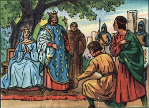 ملك فرنسا سانت لويس (لويس التاسع 1214-1270) يقيم العدل تحت شجرة البلوط من Bois de Vincennes. توضيح مجهول في "" مجموعة ملوك ورؤساء دول فرنسا "". القرن ال 20. مجموعة خاصة. بواسطة مجهول مجهول