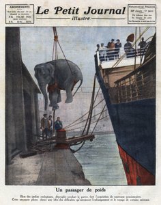 وصول فيل بالقارب تم اقتناؤه من حديقة حيوانات بعد الحرب. رسم إيضاحي مأخوذ من "" مجلة Le Petit Journal اللامعة "بتاريخ 20/11/1921. مجموعة خاصة بواسطة مجهول مجهول
