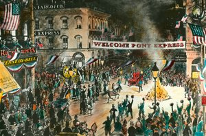 وصول المهر السريع كان Pony Express عبارة عن تتابع يهدف إلى ربط ميزوري بولاية كاليفورنيا عن طريق توزيع البريد. نقش القرن التاسع عشر. مجموعة خاصة بواسطة مجهول مجهول