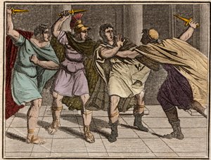 اغتيال الإمبراطور الروماني يوليوس قيصر (جول سيزار - جوليو سيزار أو كايوس يوليوس قيصر) 15 مارس 44 قبل الميلاد - نقش من "" رولين الشباب أو القطع المختارة من القصص القديمة والرومانية "" 1816 - مجموعة خاصة بواسطة مجهول مجهول