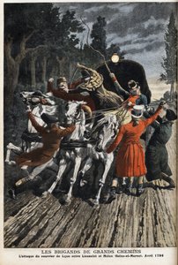 قطاع الطرق على الطرق السريعة: هجوم بريد ليون بين ليوسانت وميلون (سين إت مارن) في أبريل 1796. نقش في "" لو بيتيت جورنال " بواسطة مجهول مجهول
