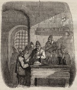 مقصف Brest bagne في القرن التاسع عشر. نقش في "تاريخ المحكوم عليهم منذ إنشائهم حتى يومنا هذا" (1877) لبيير زكون (1817-1895) (كولونيا بينالي - مستعمرة جزائية). مجموعة خاصة. بواسطة مجهول مجهول