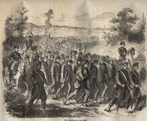 بدأت السلسلة في Toulon Bagne في القرن التاسع عشر. نقش في "تاريخ المحكوم عليهم منذ إنشائهم حتى يومنا هذا" (1877) لبيير زكون (1817-1895) (كولونيا بينالي - مستعمرة جزائية). مجموعة خاصة. بواسطة مجهول مجهول