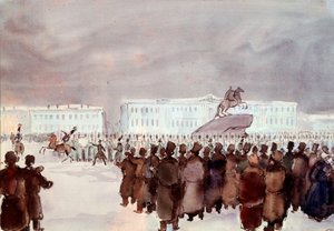 الحشد في ميدان سينات أثناء ثورة الديسمبريست في عام 1825. قام أعضاء الديسمبريست أو ديكابريست بمحاولة انقلاب قمعها بشدة نظمت في سان بطرسبرج في 14 ديسمبر 1825 للحصول على دستور من القيصر المستقبلي لتحديث النظام. مجهول بواسطة مجهول مجهول
