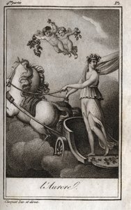الفجر (أبولو يقود عربة الشمس). رمزية شروق الشمس. نقش من عام 1819 في "Lettres a Emilie sur la mythologie" لتشارلز ألبرت ديموستييه (1760-1801). مجموعة خاصة. بواسطة مجهول مجهول