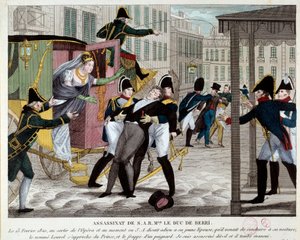 وفاة تشارلز فرديناند دي بوربون ، دوق بيري (1778-1820) 13/02/1820 عند خروج الأكاديمية الملكية للموسيقى اغتيل ابن شقيق الملك لويس الثامن عشر في دار الأوبرا من قبل لوفيل الجمهوري الذي أراد الإغلاق السلالة الملكية. إنجرافي بواسطة مجهول مجهول