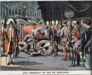 وفاة ملك البرتغال تشارلز الأول (1863-1908) اغتيل في 1 فبراير 1908. نقش من جريدة "Le Peute Parisien" ، في 23/02/1908. مجموعة خاصة. بواسطة مجهول مجهول