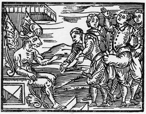 السحرة يثنون على الشيطان - "خلاصة Maleficarum" ، تتناول السحرة وأشرارهم وفرزهم بقلم Francesco Maria Guazzo أو Guaccio أو Guaccius (15 ؟؟؟ -16 ؟؟) 1608 Private Collection بواسطة مجهول مجهول