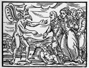 السحرة الذين يقدمون الطفل إلى الشيطان - "" الخلاصة Maleficarum "" ، يتعامل مع السحرة وشرورهم وفرزهم بقلم Francesco Maria Guazzo أو Guaccio أو Guaccius (15 ؟؟ -16 ؟؟) 1608 Private Collection بواسطة مجهول مجهول
