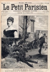 انتحار الجنرال جورج بولانجر (1837-1891) في مقبرة إيكسيليس في بلجيكا أمام قبر مدام بونمينز. نقش على "" Le petit Parisien "من عام 1891. مجموعة خاصة. بواسطة مجهول مجهول