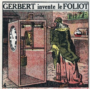 الوقت: الساعة لها وزن. اخترع Gerbert d'Aurillac (من آكيتاين أو ريمس المعروف باسم البابا سيلفستر الثاني) (حوالي 938-1003) الساعات الورقية. رسم توضيحي مجهول من عام 1925. مجموعة خاصة. بواسطة مجهول مجهول