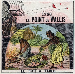الوقت: نقطة صموئيل واليس (1728-1795) عام 1766 مما أتاح معرفة خط طول النقطة التي كانت تقع فيها نسبة إلى المسافة بين النجوم والقمر. رسم توضيحي مجهول من عام 1925. مجموعة خاصة. بواسطة مجهول مجهول