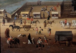 حركة المرور على Pont Neuf في باريس في القرن السابع عشر التفاصيل. لوحة مجهولة. باريس ، متحف كارنافاليت بواسطة مجهول مجهول