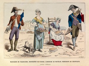 Umbrella merchant, flower merchant, mattress carder and bellows dealer in Paris in the 18th century - Umbrella seller, flower seller, carder and bellows seller at Paris 18th Century - private collection بواسطة مجهول مجهول