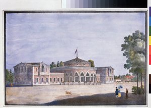 محطة سكة حديد ومطعم فرنسي في كاترينهوف (محطة سكة حديد ومطعم فرنسي في كاثرينهوف). مطبوعة حجرية مجهولة ، ملونة بالألوان المائية ، 22 × 33 سم بواسطة مجهول مجهول