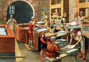 View of a paper manufacturing workshop in Fabriano in the 16th century, Italy. The different steps. Illustration. Private Collection - A Papermaking workshop in Fabriano (Italy) بواسطة مجهول مجهول