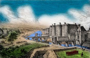 منظر للباستيل والجدران المحيطة به تحت حكم الملك تشارلز الخامس الحكيم (1338-1380) ، نقش ، مجموعة خاصة بواسطة مجهول مجهول