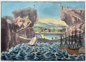 منظر لجزيرة سانت هيلانة من جانب مكان الهبوط بالقرب من حصن جيمس - مجهول - 1815 - أكواتينت - 46.7 × 54.5 - مجموعة خاصة بواسطة مجهول مجهول